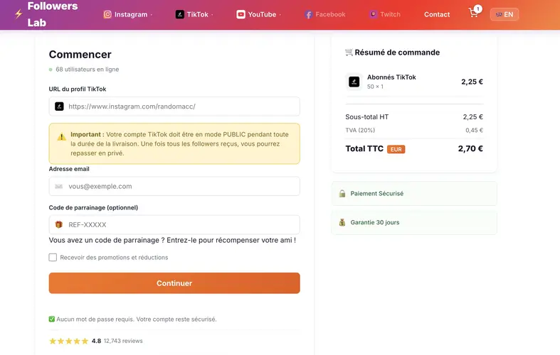Étape de commande pour acheter followers TikTok — processus de paiement