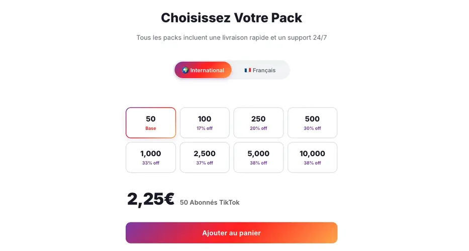 Packs de followers TikTok disponibles — tarifs et options